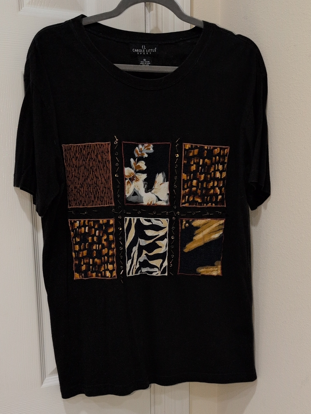 Carole Little Black Sport Graphic Patchwork Tee Vintage 90s